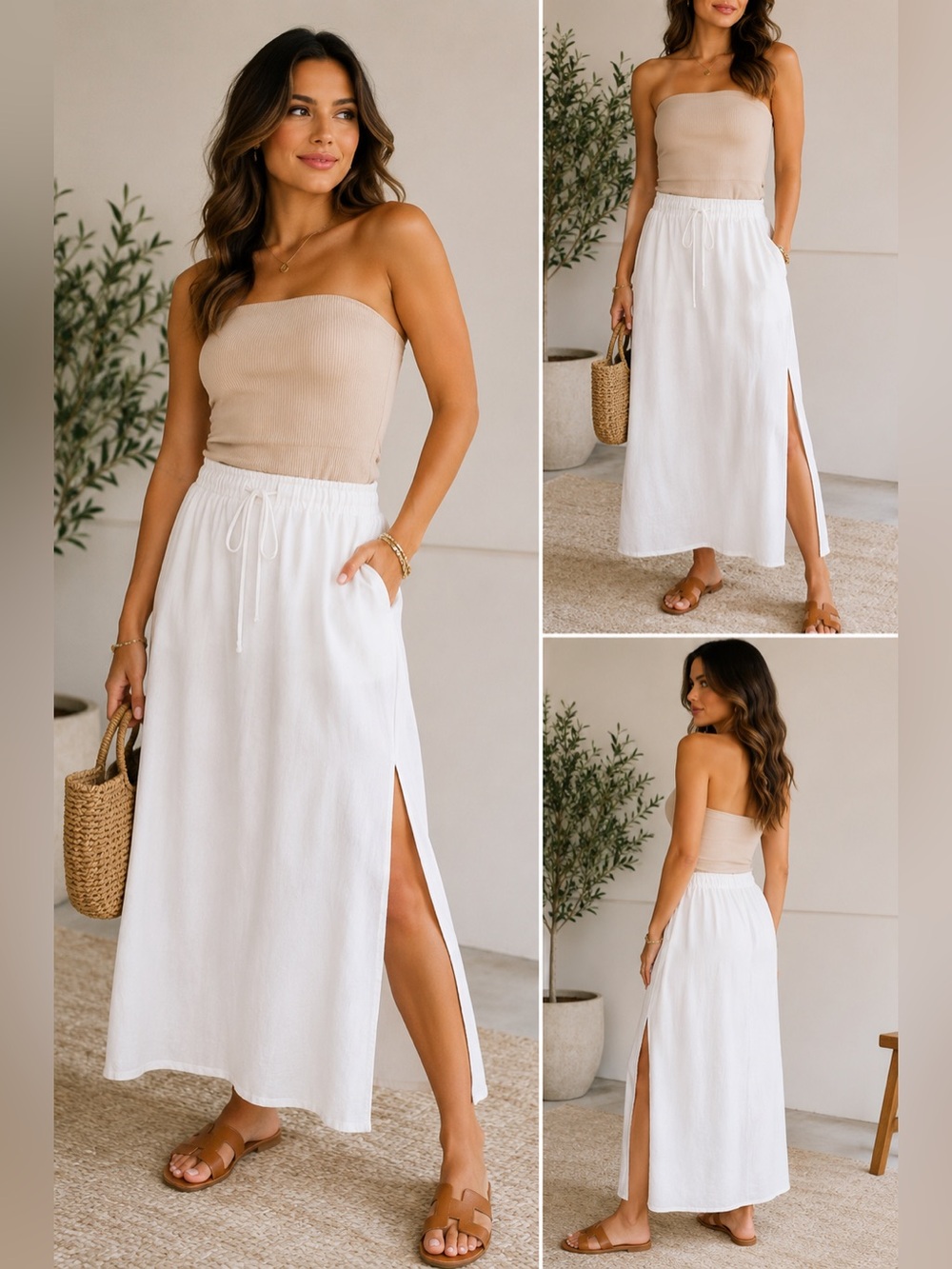 ✨Elleven White Rayon & Linen Blend Midi Skirt Size M